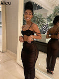 Kliou Mesh Two Piece Set Women Summer Sexy Wrapped Camisole+Bodycon See Through Pleated Skirt Maching Dress Suit Girl