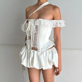 Woherb Fashion Trend With Personality Strapless Top Pleated Skirt Suit Girl-Outfit