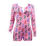 hirigin Hot Sale Women Sexy Stretchy Pajamas Long Sleeve V-Neck Pineapple Star Heart Printed Bodycon Summer Lady Jumpsuit