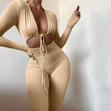 White Long Sleeve Sexy Rompers Women Jumpsuit Casual Hollow Out Lace Up Bodycon Jumpsuits 2022 Femme Workout