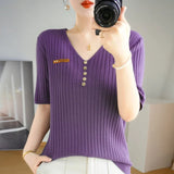 Woherb 2024 New Short Knit Women's Fashion Slim Short-Sleeve T-Shirt Thin Medium Sleeve Top-Outfit