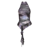 Woherb 2024 New Women's Half High Collar Flounce Sleeveless Print Mesh Slim Small Vest-Outfit