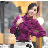 Women Chiffon Blouse Feminine OL Formal Ruffle Puff Sleeve Royal Satin Tops Female Long Sleeve Shirt 3XL-Outfit