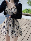Gothiscyn Long Sleeve Knit Cardigan Crop Coat Two-piece Dress Ladies Drawstring Floral V-neck French Suspender Robe Suit