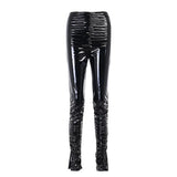Women Faux Leather Pants Split Side High Waist Skinny Shine Autumn Ruched Solid Pile Up Trousers Streetwear Casual