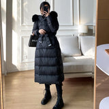 Luxury Brand Women's Winter 90% White Duck Down Jacket Real Fox Fur Collar Hooded Long Slim Puffer Fluffy Feather