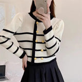 Woherb 2023 New Korean Version Loose Lazy Round Collar Striped Cardigan Design Sense Female Bump Color Sweater Coat-Outfit