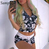 Y2K Casual Print Women Tracksuit Shorts Matching Set Halter Sexy Tops And Mini Biker Skinny Shorts Two Piece Set