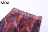 Kliou Mesh Printing Two Piece Set Women Sexy Cut Out Cleavage Camisole+Mid Waist Color Blocking Pants High Streetwear Lady
