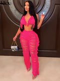 Kliou Halter Knitted Tanks Women Solid Sexy Deep V-Neck Lace Up Backless Tassel Skinny Crop Tops Streetwear Female