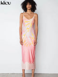 Kliou Aesthetic Print Camis Maxi Dress Women Loose Sleeveless V-Neck Cleavage Backless Casual Silky Sexy Party Midnight