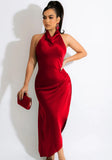 Sexy V-neck Sleeveless Solid Satin Backless Maxi
