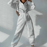 Women Basic Hoodie Two Piece Sets Zipper Drawstring Jacket Outerwear And Elastic Pencil Pant Suit Autumn Winter