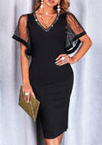 Elegant V-neck Short Sleeves Lace Diamonds Midi