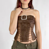 Leather Waist Strap Metal Buckle Wrapped Breasted Hottie Sexy Sleeveless Tops Street