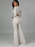 Sexy Sequins Crop Top and Flare Pants Two Piece