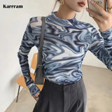 Vintage Designer Clothes Graphic Print Mesh Tops Turtleneck England Style Elegant Long Sleeve T-shirt Sheer Tops