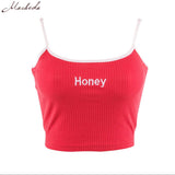 2018 New Fashion Women Tank Tops Red White Letter "Honey" Print Sexy Casual Sleeveless Camisole Crochet