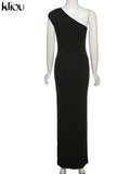 Kliou Solid Elegant Maxi Dress Women Inclined Shoulder Sleeveless Body-Shaping Side Split Robe Partywear Female