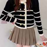 Woherb 2023 New Korean Version Loose Lazy Round Collar Striped Cardigan Design Sense Female Bump Color Sweater Coat-Outfit