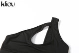 Kliou Sporty Solid Two Piece Set Women Skinny Inclined Shoulder Hole Cleavage Tank Tops+ Concise Stretchy Pants Workout