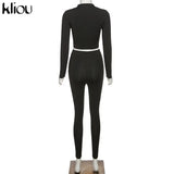 Kliou fashion tracksuit women turtleneck full sleeveless crop top+leggings matching set stretchy sporty fitness casual