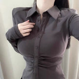 Sexy Shirts Skinny Grey Y2k Long Sleeve Pleated Elegant Chic Korean Fashion Streetwear Outer Wear Layer Top Office Lady