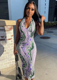 Sexy Printed U Neck Halter Backless Bodycon Long