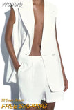 2023 Women Summer 2-Pieces Sets Casual Solid Vests Coats and Shorts Female Elegant Street Two Suits Clothing-Outfit