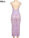 Kliou Unique Style Geometric Maxi Dress Women Elegant Spaghetti Strap Cleavage Backless Hollow Out Robe High Street Lady