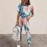 Casual Tie-dye Print 2 Piece Set O Neck Short Sleeve Tops And Drawstring Lace Up Long Pant Summer Sport Loose Female