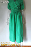 Elegant Short Sleeve V Neck Green Summer Midi Dress For Women 2023 Hollow Out Buttons A-Line Holiday Beach Dress Vestido-Outfit