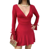 Autumn Women's New Deep V Long-Sleeved Sexy Tee Rope Dew Backpack Hip Short Dress