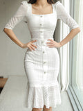 2 Piece Outfit Elegant Women Chic White Square Collar Short Crop Tops Shirt Blouse Mermaid Midi Skirt Slim Femme Mujer Sets-Outfit