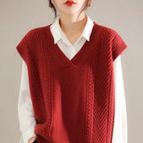 Woherb Autumn And Winter New V-Neck Vest Lazy Wind Fall Shoulder Sweater Vest With Vintage Twist Knit Vest Female-Outfit