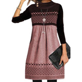Women 2021 Autumn Winter Elegant Patchwork Print Party Dress Ladies Casual O-Neck Long Sleeve Midi Party Loose A-Line