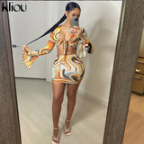 Kliou Bow Lace Print Sheath Sexy Women Two Piece Sets 2021 Flare Sleeve V-Neck Hot Female Mesh Ruched Clubwear