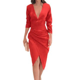 Woherb 2024 New Solid Color Low-Cut V-Neck Pleated Waist Sexy Backless Dress-Outfit