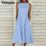 Women Long Dress 2021 Solid Sleeveless Pocket Bohemian Dress Women Casual Loose Plus Size Dresses For Women Party