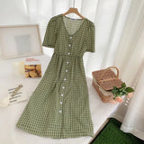 Plaid Dresses Summer Women Korean Japan Preppy Style Clothes V Neck Pink Red Party Floral Print Vintage Shirt Dress