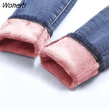 Winter Jeans Women High Waist Jeans Fleece Warm Female Long Pantalon Thick Blue Cotton Denim Trousers 2022 New 11371-Outfit