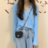 Woherb Thin V-Neck Long-Sleeved Sweater Coat Female Autumn 2024 New Korean Version Of Net Celebrity Large Size Bottom Shirt Tide-Outfit