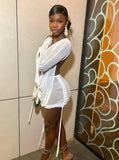 Deep V-Neck Long Sleeve Top See ThroughTwo Piece Skirt Set 928-0-Outfit