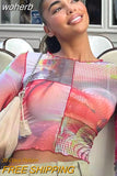 Graphic Print Green Mesh Sheer T-shirt Long Flare Sleeve Slim Crop Tops Sexy See Trough Women Tops Y2K Vintage Grunge-Outfit