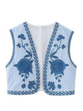 Floral Embroidered Women's Short Waistcoat Chic V Neck Sleeveless Cropped Cardigan 2024 Summer Female Party Fashion Tops-Outfit