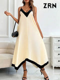 ZRN-Women's Asymmetrical Semi-Sheer Midi Dress, V Neck, Thin Straps, Female Dresses, Patchwork, Sexy Fashion-Outfit
