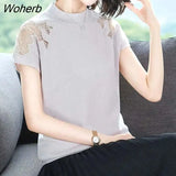 Mesh Lace Patchwork Half Turtleneck Short Sleeve Knitted Tops Summer Knitwear T-Shirt Women Korean Style Hollow Out Tee-Outfit