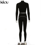 kliou women 2 pieces set fitness tracksuit long sleeve zipper crop top+leggings fashion reflective letters sportswear