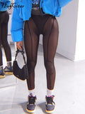 Bright Line Decoration Mesh See Through High Waist Slim Pants 2021 Autumn Women Fashion Streetwear Casual Sport