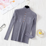Pullover Women Sweater Autumn Knitted Button Long Sleeve Half Turtleneck Female Jumper Elastic Korean Fashion Blouse